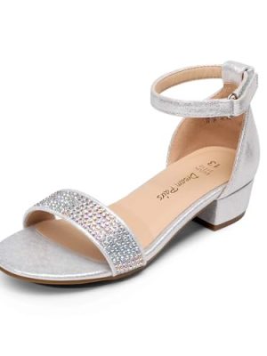 Girls Sandals Low Heel Dress Pump Ankle Strap Interchangeable Bow Flower Wedding Party Shoes for Little Kid/Big Kid