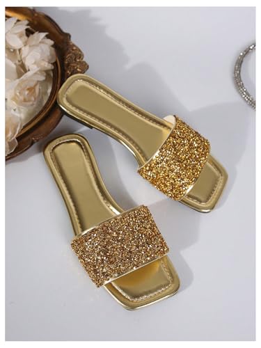 41QFLniOHKL.jpg Women's Rhinestone Sandals Glitter Strappy Sequin Shoes Square Toe Sparkly Flat Sandals