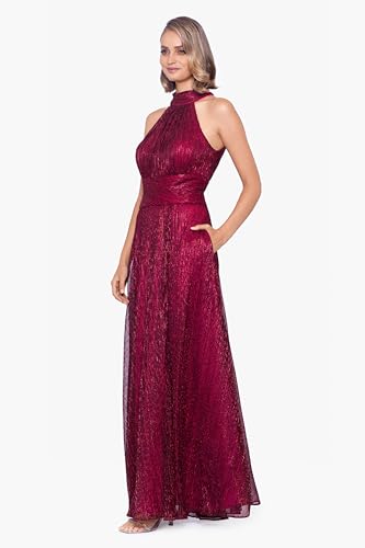 Women's Sleeveless Halter Metallic Crinkle Long Formal Dress