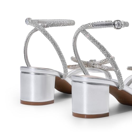 41WnkmN6I0L.jpg Women's Double Bowknots Crystal Sandals Low Chunky Heels Clear Slingback Dress Shoes for Wedding Bridal Party