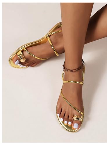 41XKOUGrLL.jpg Women's Metallic Open Toe Ring Sandals Summer Strappy Flat Sandals