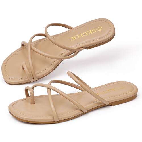 41YdWj7uMTL.jpg Strappy Sandals for Women Square Open Toe Flip Flops Comfortable Flat Sandals Toe Ring Thong Sandals for women