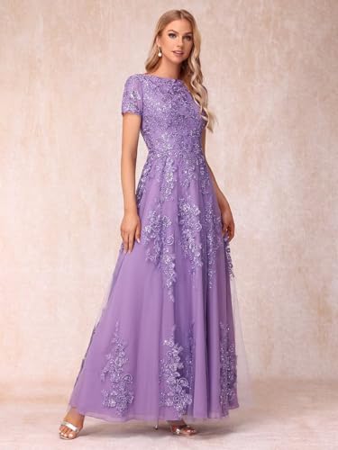 Lace Appliques Mother of The Bride Dresses Short Sleeves Long Sequin Beaded Formal Evening Prom Dress YO149