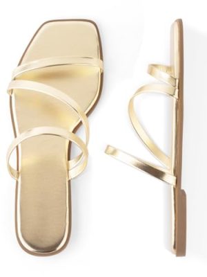 Strappy Flat Sandals For Women Slip On Square Open Toe Slides Sandals