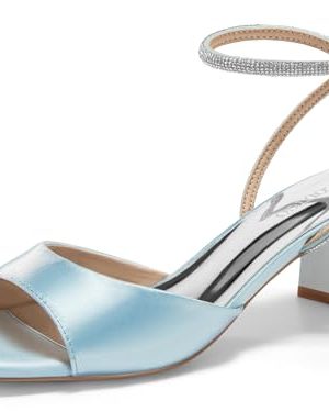 Womens Heeled Sandals Rhinestone Chunky Low Heels Satin Square Toe One Strap Ankle Buckle Dress Shoes