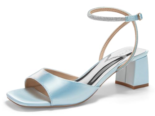 Womens Heeled Sandals Rhinestone Chunky Low Heels Satin Square Toe One Strap Ankle Buckle Dress Shoes