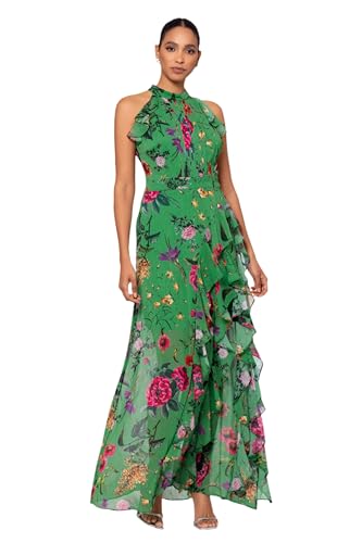 Women's Sleeveless Halter Neck Long Chiffon Floral Ruffle Dress