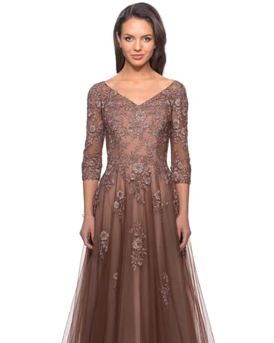41qqgC9LW2L.jpg Women's Floral Lace Appliques 3/4 Sleeve Mother of The Bride Dresses Long V Neck Formal Dresses with Pockets YZTS028