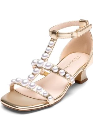 Girls Sandals Ankle Strap T-Strap Low Heel Pearl Flower Pump Dress Wedding Party Square Toe Shoes for Little Kid/Big Kid