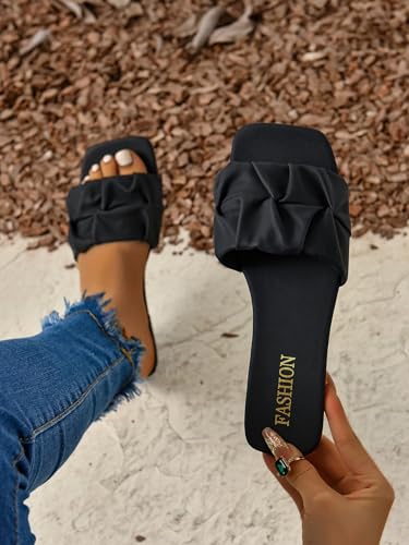 Women's Pleated Square Toe Slide Flat Sandals Summer Trendy Sandals Wedding Sandals