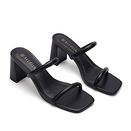 Women's Square Open Toe Heeled Sandals Two Strap Mules Slip On Block Chunky Mid Heels Sandals