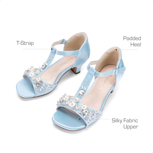 Girls Sandals Ankle Strap T-Strap Low Heel Pearl Bow Flower Pump Dress Wedding Party Shoes for Little Kid/Big Kid