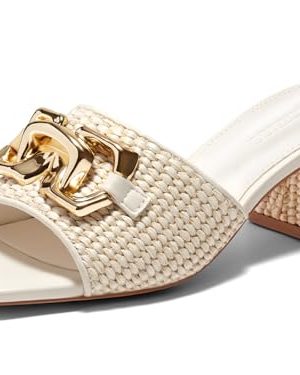 Womens Raffia Slide Sandals Chunky Block Heeled Square Open Toe Metal Chain Slip on Mules Dressy Shoes