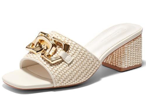 41v9MHFbBL.jpg Womens Raffia Slide Sandals Chunky Block Heeled Square Open Toe Metal Chain Slip on Mules Dressy Shoes