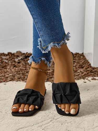 Women's Pleated Square Toe Slide Flat Sandals Summer Trendy Sandals Wedding Sandals
