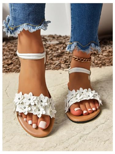 51-5axFIFqL.jpg Women's Summer Sandals Flower Leather Flat Sandals with Ankle Strap