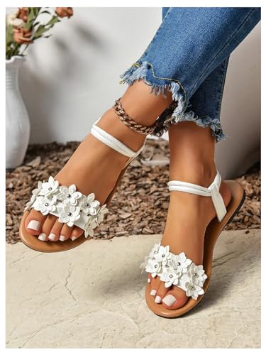 51JOLqyNXxL.jpg Women's Summer Sandals Flower Leather Flat Sandals with Ankle Strap