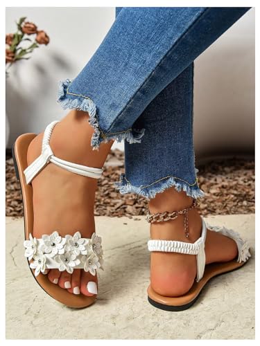 51ObrjDHpuL.jpg Women's Summer Sandals Flower Leather Flat Sandals with Ankle Strap