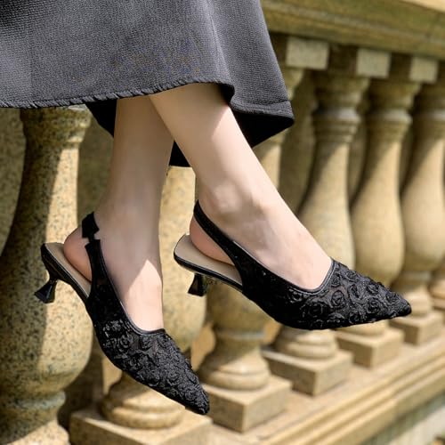 51VAroZJJL.jpg Elegant Lace Kitten Heels for Women - Slingback Pointed Toe Floral Mesh Dress Shoes - Low Heel Formal Wedding Guest Party