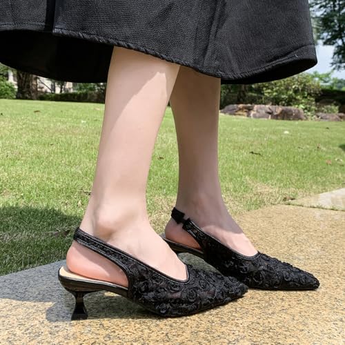 51YeOysLBdL.jpg Elegant Lace Kitten Heels for Women - Slingback Pointed Toe Floral Mesh Dress Shoes - Low Heel Formal Wedding Guest Party