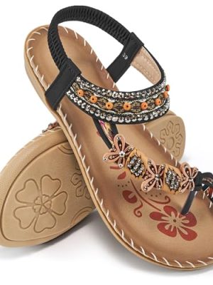 51h1Ewn-cmL.jpg Womens Sandals Flats Shoes: Comfortable Bohemian Beaded Dressy Summer Flat Casual Ankle Strap Elastic Slip on Beach Sandal