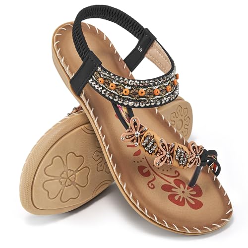 51h1Ewn-cmL.jpg Womens Sandals Flats Shoes: Comfortable Bohemian Beaded Dressy Summer Flat Casual Ankle Strap Elastic Slip on Beach Sandal