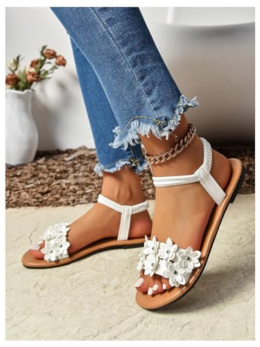 51n621hHTnL.jpg Women's Summer Sandals Flower Leather Flat Sandals with Ankle Strap