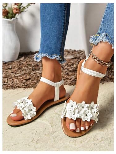 51nTZxSXAFL.jpg Women's Summer Sandals Flower Leather Flat Sandals with Ankle Strap